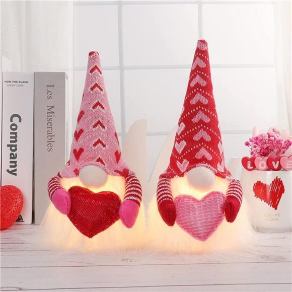 2 Pcs Valentine Gnomes with Lights, Handmade Swedish Tomtes Elf Valentine's Day - Picture 3 of 7